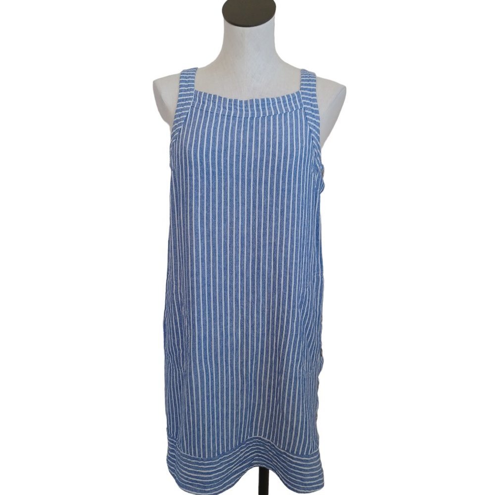 For Cynthia Dress Linen Blend Blue White Striped Pullover Side Button Detail Med